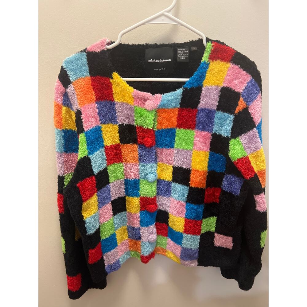 Michael Simon checkered clowncore women’s cardigan geometric sweater size large